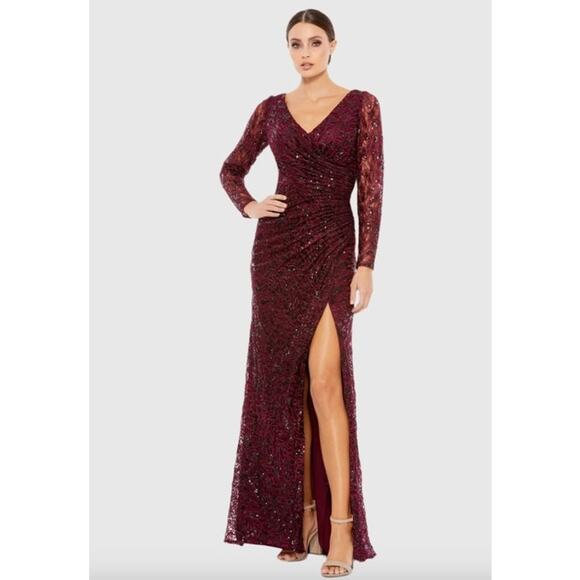 Mac Duggal Dresses & Skirts - MAC DUGGAL Dress Size 10 Evening Gown Sequin NEW Red Long Sleeve Ruched V Neck
